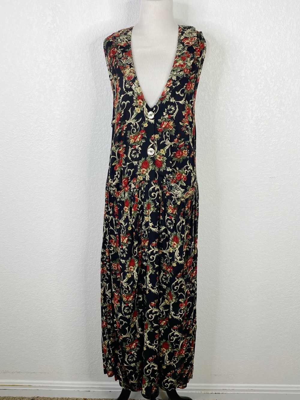 Vintage Kathleen Sommers Black & Red Floral Jumper Maxi Dress